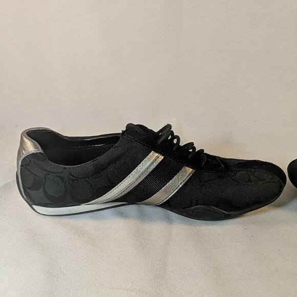 Coach Jayme Black Sneakers Shoes Q582 Womens US 8.5 Black Silver Monogram Tennis - Picture 7 of 12